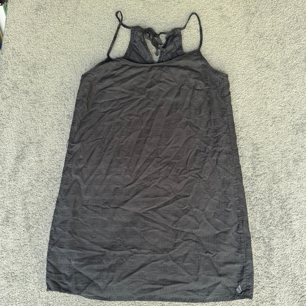 Volcom Festivus Dress Women M Black Tonal Plaid Cotton Tie Back Mini B1321221